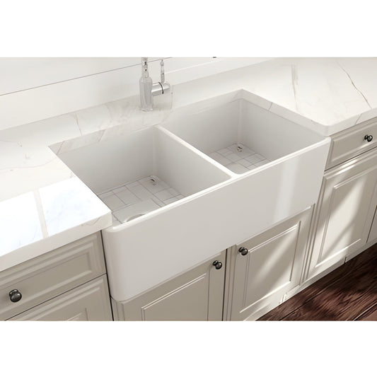 Bocchi Contempo Apron Front Step Rim Fireclay 36" Double Bowl Kitchen Sink with Cutting Board. Available in 9 Colors! - 1348-001-0120