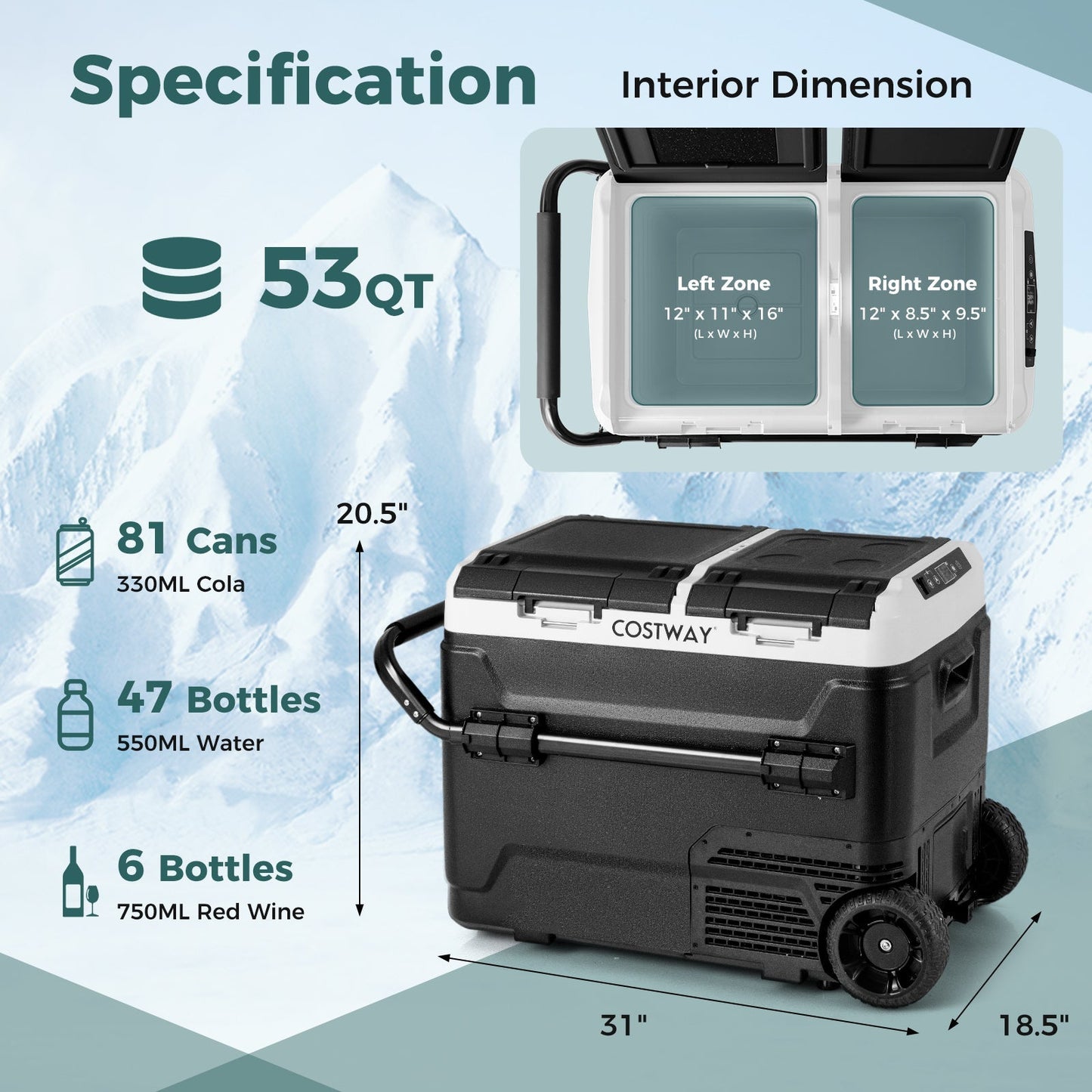 Costway Portable Compressor Fridge Freezer for Vehicles Dual Zone 53 Quart New - FP10736US-BK