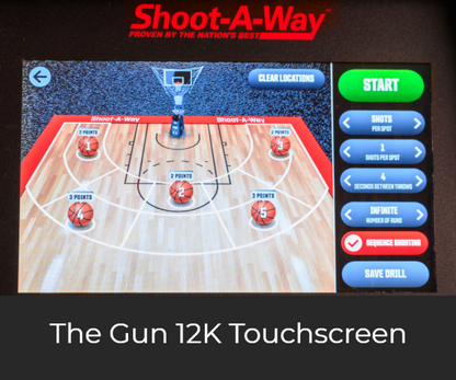 The Gun 12K by Shoot-A-Way is the most advanced shooting machine in the world. Complete with a fully interactive touchscreen with over 200 programmable locations and a 19″ front display for instant feedback, drill instruction, and much more.  The Gun 12K has numerous colors and variations to truly make it your custom shooting machine.  Shootaway has been the top shooting machine manufacturer selling over 26,000 shooting machines since its beginning.  These machines are made in the USA.