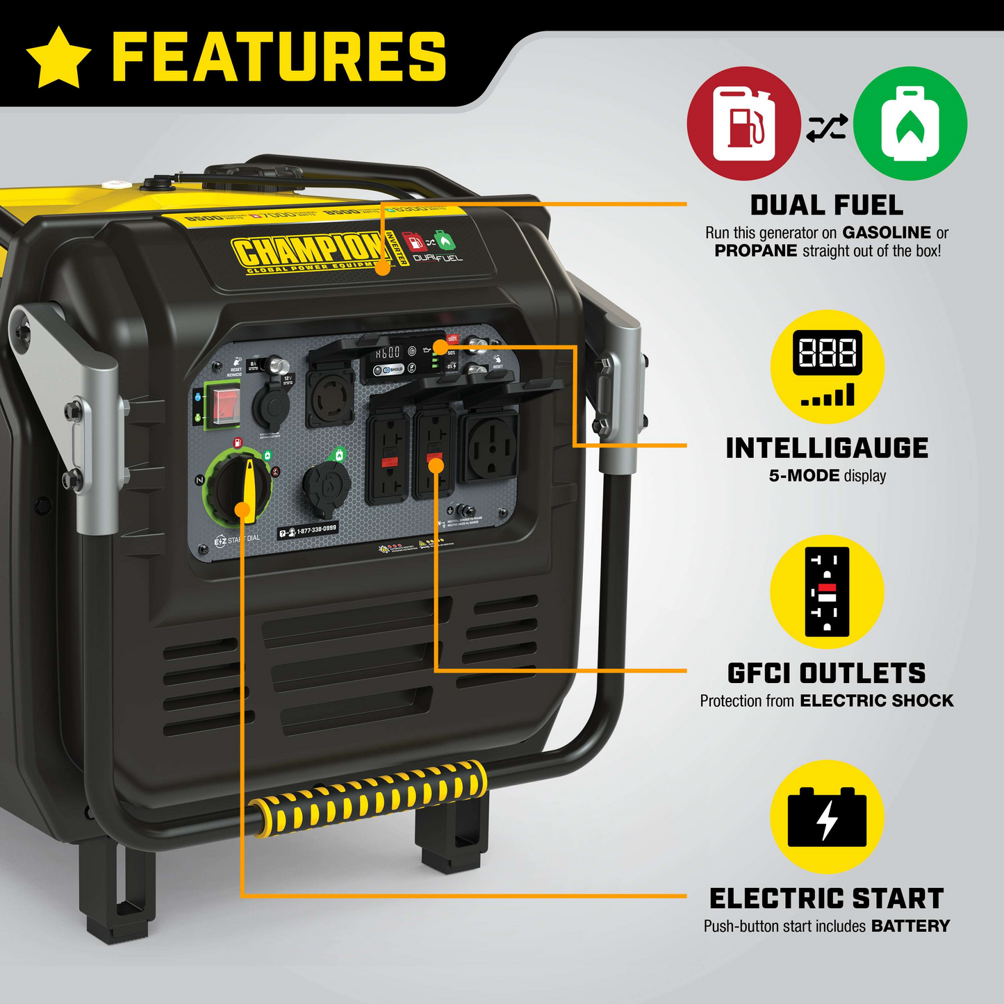 Champion&nbsp; 7000W/8500W Generator Dual Fuel Gas Propane Inverter Low THD CO Shield Electric Start New - 201175