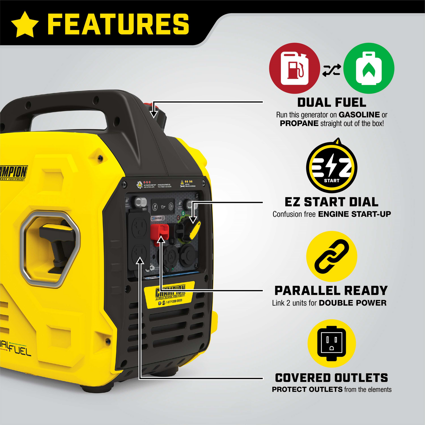 Champion 1850W/2500W Generator Dual Fuel Gas Propane Inverter Low THD CO Shield New - 201183