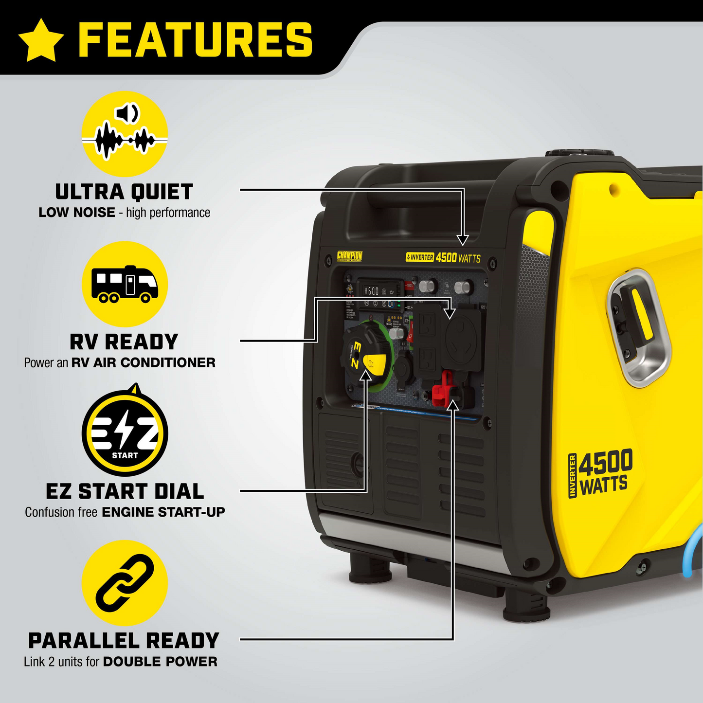 Champion  3500W/4500W Inverter Generator Gas RV and Parallel Ready CO Shield Remote Start New - 201184