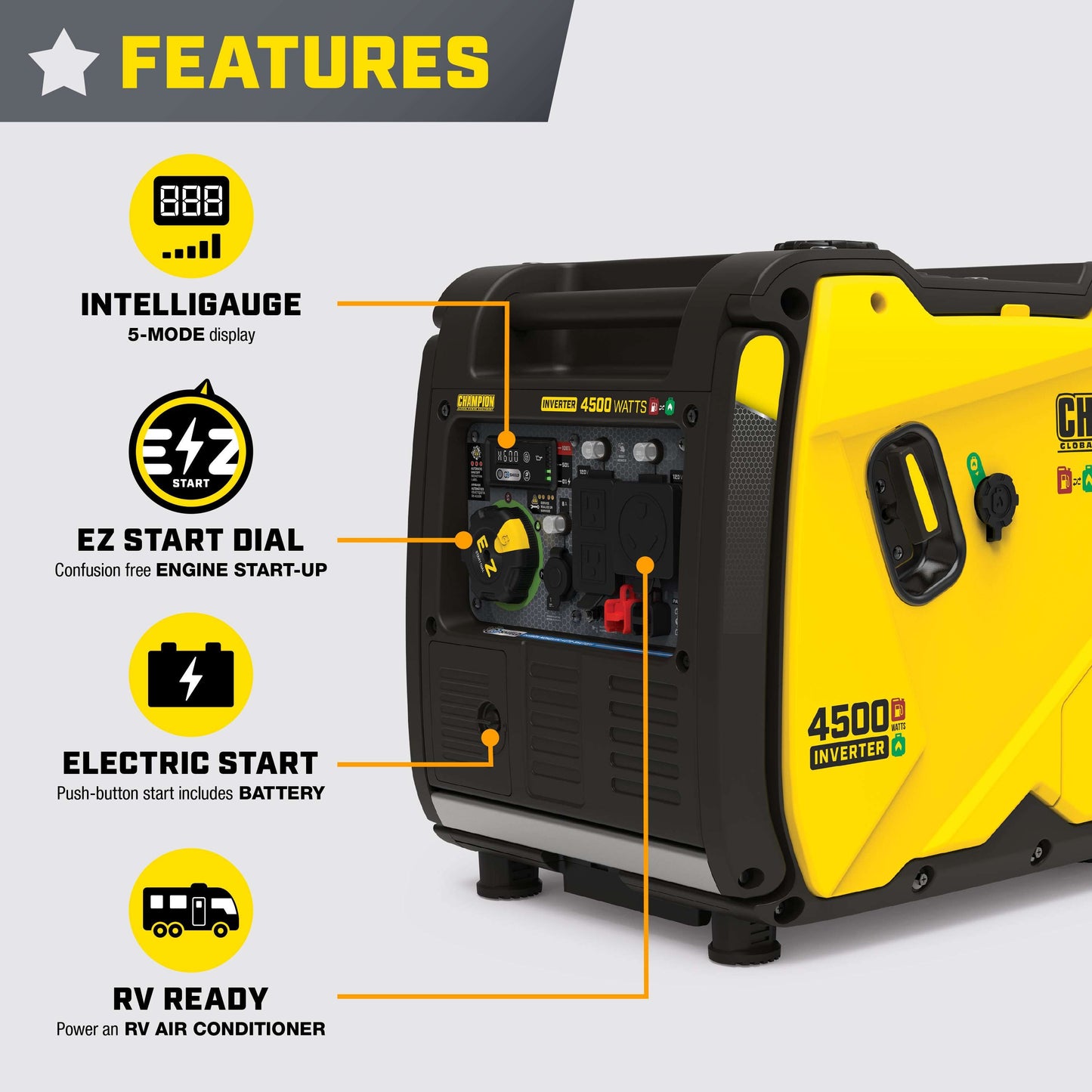 Champion 2001319 3500W/4500W Generator Dual Fuel Inverter Electric Start with CO Shield New - 201319