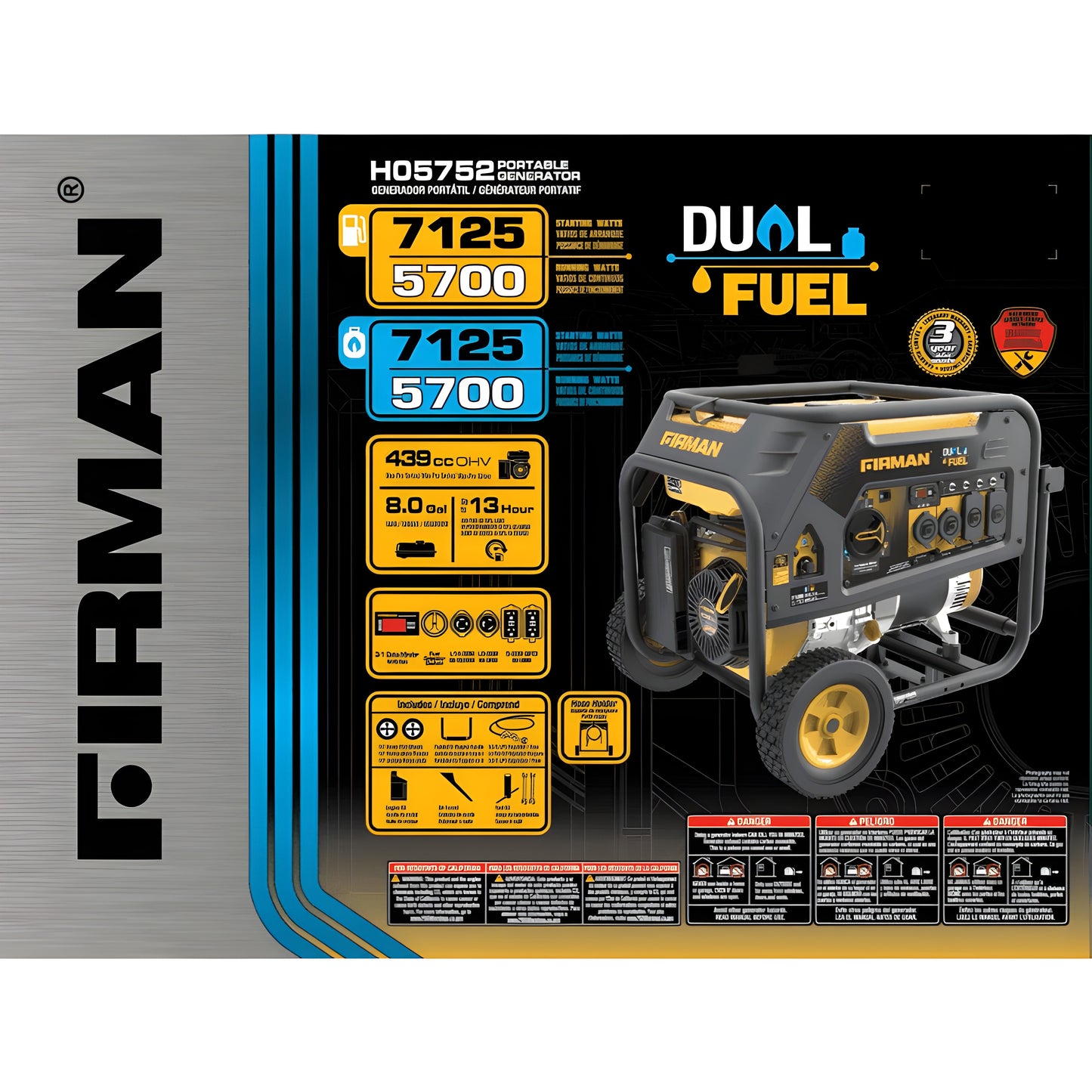 Firman H05752 5700W/7125W 30 Amp Recoil Start Dual Fuel Portable Generator New H05752