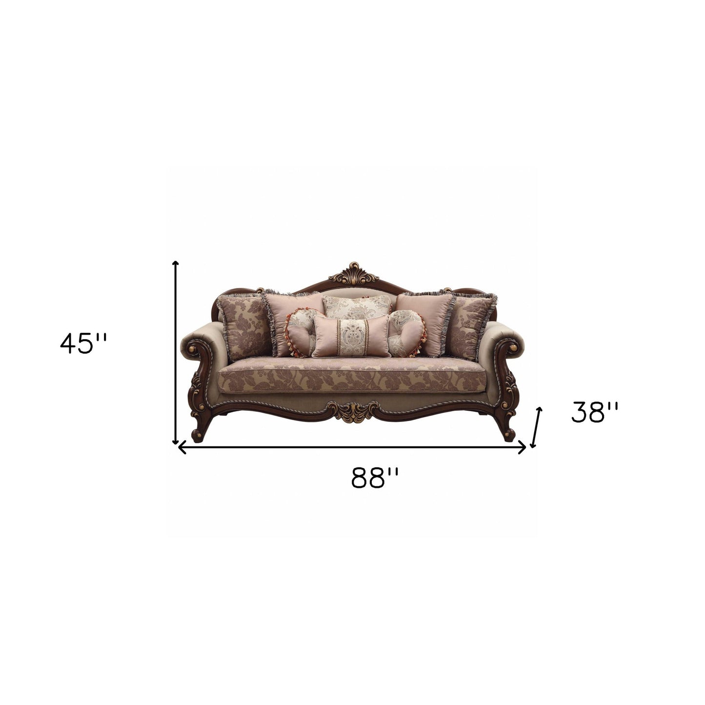 Modway Furniture 88" Beige Velvet Floral Sofa with Toss Pillows & Stylish Brown Legs - Elegant Home Centerpiece - 348219-HOMEROOTS