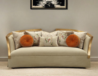 Modway Furniture 41" Beige Velvet Curved Sofa with Toss Pillows, Flared Arms & Natural Wood Legs for Stylish Comfort - 348220-HOMEROOTS