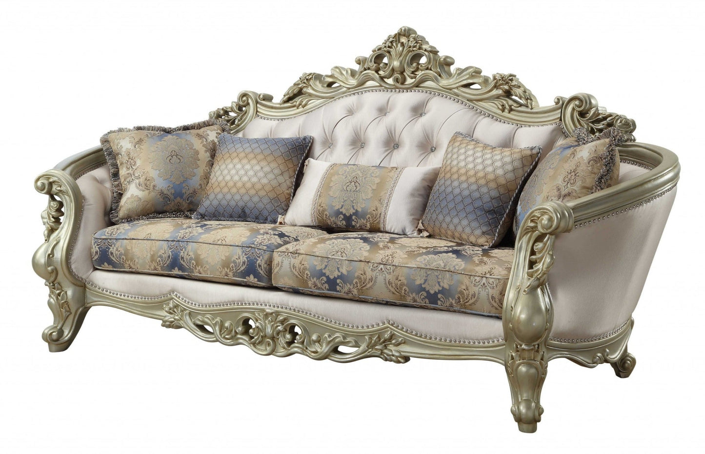 Modway Furniture 40" Antique White Velvet Floral Curved Sofa with Toss Pillows & Chic Champagne Legs for Elegance - 348231-HOMEROOTS