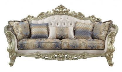 Modway Furniture 40" Antique White Velvet Floral Curved Sofa with Toss Pillows & Chic Champagne Legs for Elegance - 348231-HOMEROOTS