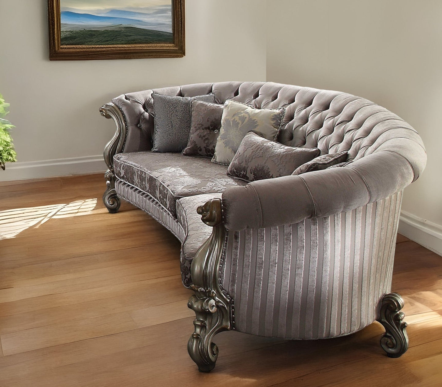 Modway Furniture 55" Gray Velvet Curved Floral Sofa with Toss Pillows & Elegant Champagne Legs for Modern Homes - 348646-HOMEROOTS