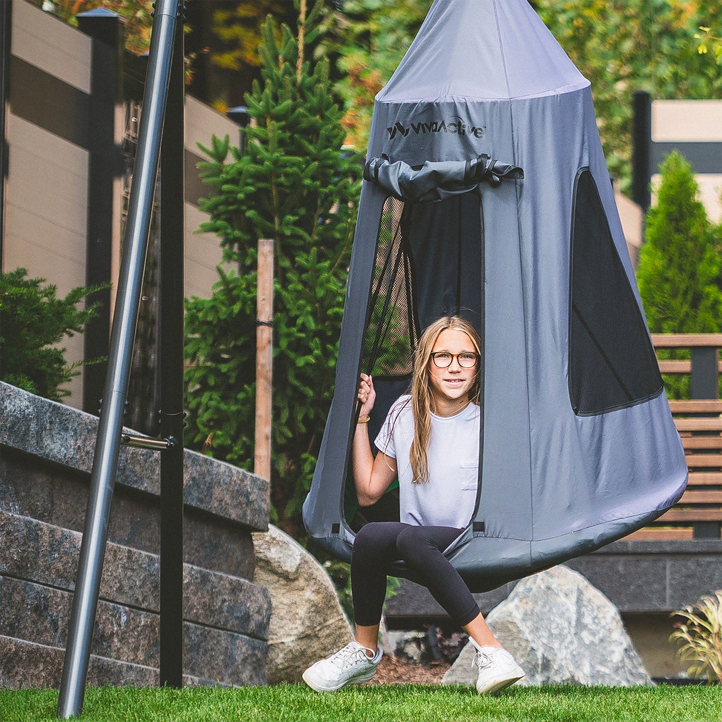 Gobaplay Discovery Kids Swing Set, Outdoor Frame, Tent Saucer, Swings, & Trapeze - 399865