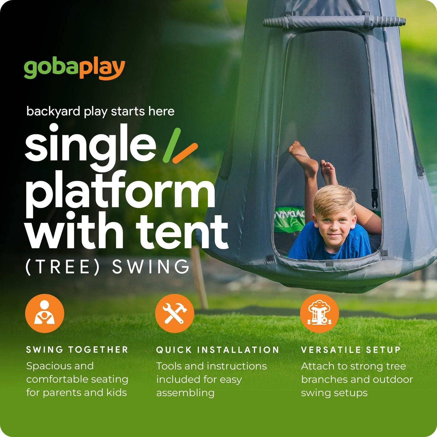 Gobaplay Discovery Kids Swing Set, Outdoor Frame, Tent Saucer, Swings, & Trapeze - 399865