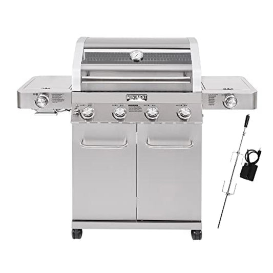 Monument Grills 4-Burner Propane Gas Grill, Stainless Steel, Infrared Side & Side Burners, Rotisserie Kit – B0BK13MMGX
