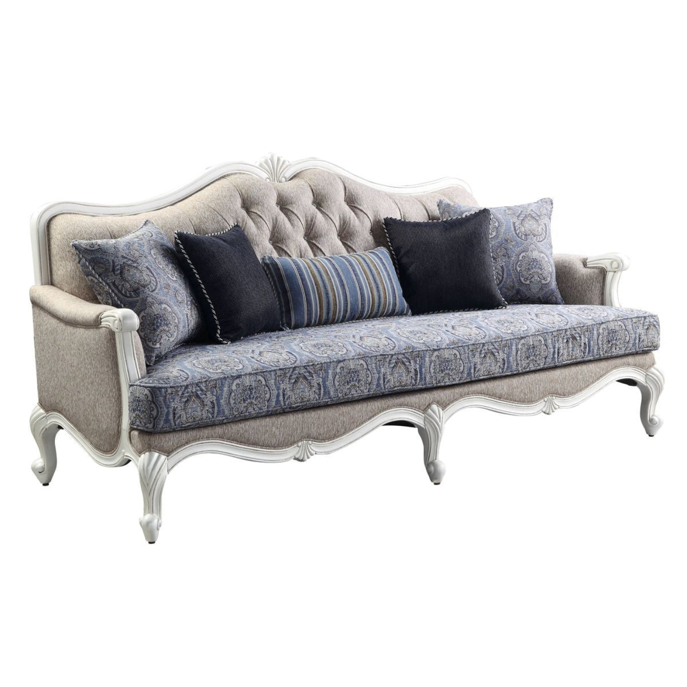 Modway Furniture 88" Cream Linen Damask Sofa with White Legs & Toss Pillows - Stylish Comfort for Any Living Room - 491311-HOMEROOTS