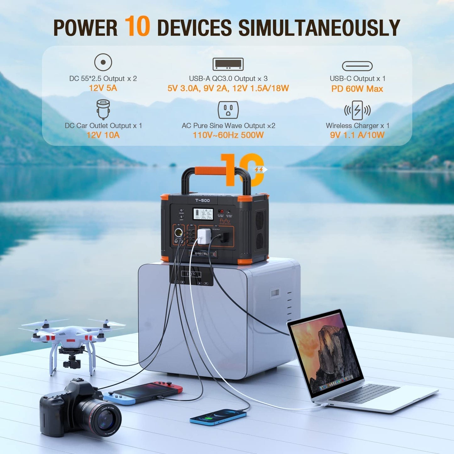 GRECELL Portable Power Station 500W with Portable Solar Panel - DYCNX0001AGEM-MXUS+DYZDB0001AGE