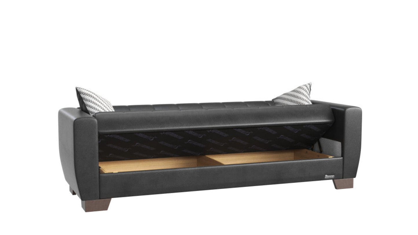 Modway Furniture 84" Black Faux Leather Sleeper Sofa with Decorative Toss Pillows and Elegant Brown Legs for Comfort - 520152-HOMEROOTS