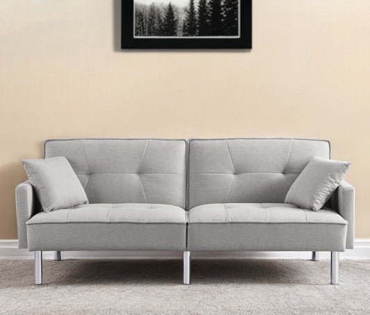 Modway Furniture 85" Light Gray Polyester Blend Convertible Futon Sofa with Chic Silver Legs & Stylish Toss Pillows - 544954-HOMEROOTS