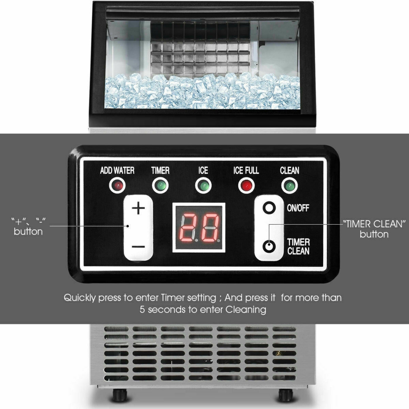 Costway Commercial Ice Maker Stainless Steel 110 lbs/Day 33 lbs Storage Capacity New - EP21967