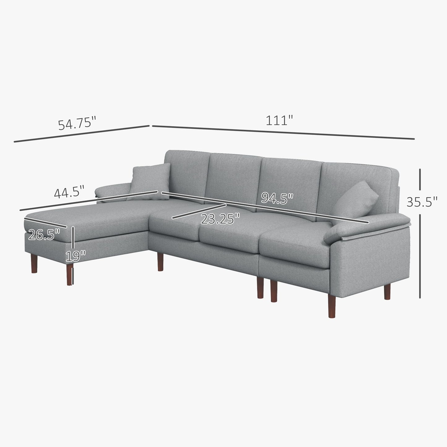HomCom Fabric Sectional Couch with Reversible Sleeper Sofa, Modern L Shaped Sectional Sofa with Pillows, Wooden Legs for Living Room, Apartment and Office, Gray - B0CVX1N2B8