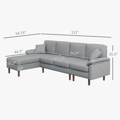 HomCom Fabric Sectional Couch with Reversible Sleeper Sofa, Modern L Shaped Sectional Sofa with Pillows, Wooden Legs for Living Room, Apartment and Office, Gray - B0CVX1N2B8