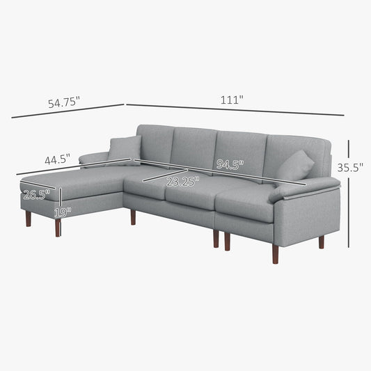 HomCom Fabric Sectional Couch with Reversible Sleeper Sofa, Modern L Shaped Sectional Sofa with Pillows, Wooden Legs for Living Room, Apartment and Office, Gray - B0CVX1N2B8