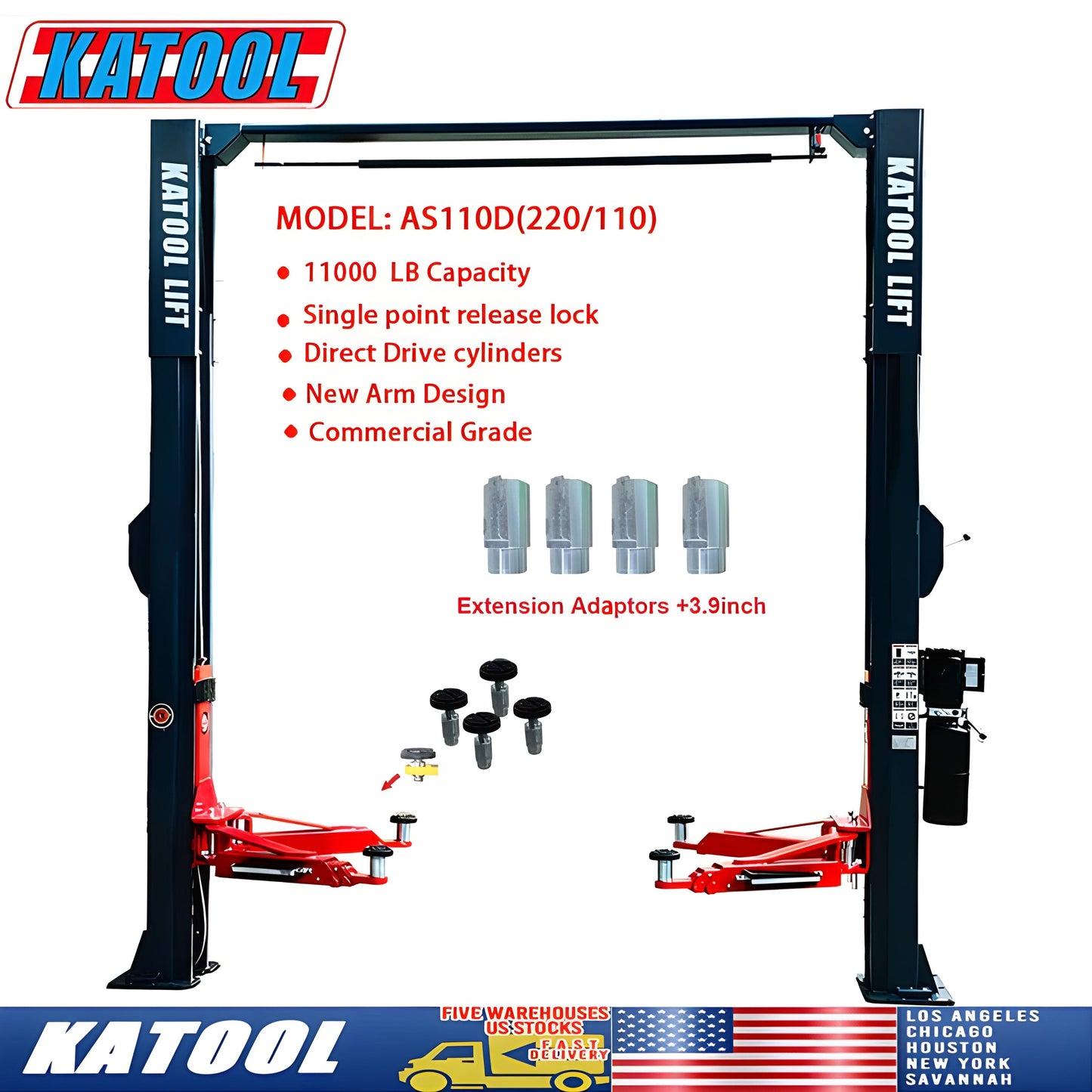 Katool Two Post Asymmetrical Vehicle Lift 11,000lbs Single Point Lock Release - KT-AS110D
