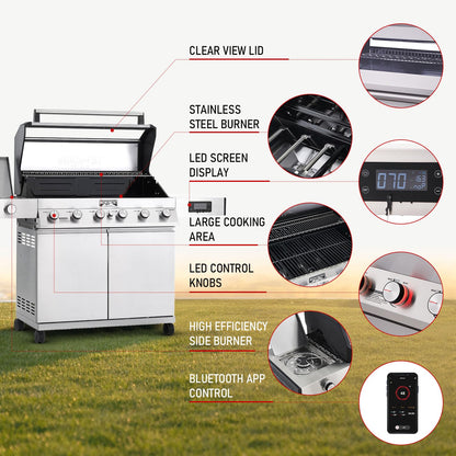 Monument Grills 6-Burner Convertible Natural Gas Smart bbq Grill Stainless Steel Denali 605 with BBQ Cover - B0C9PXR93L
