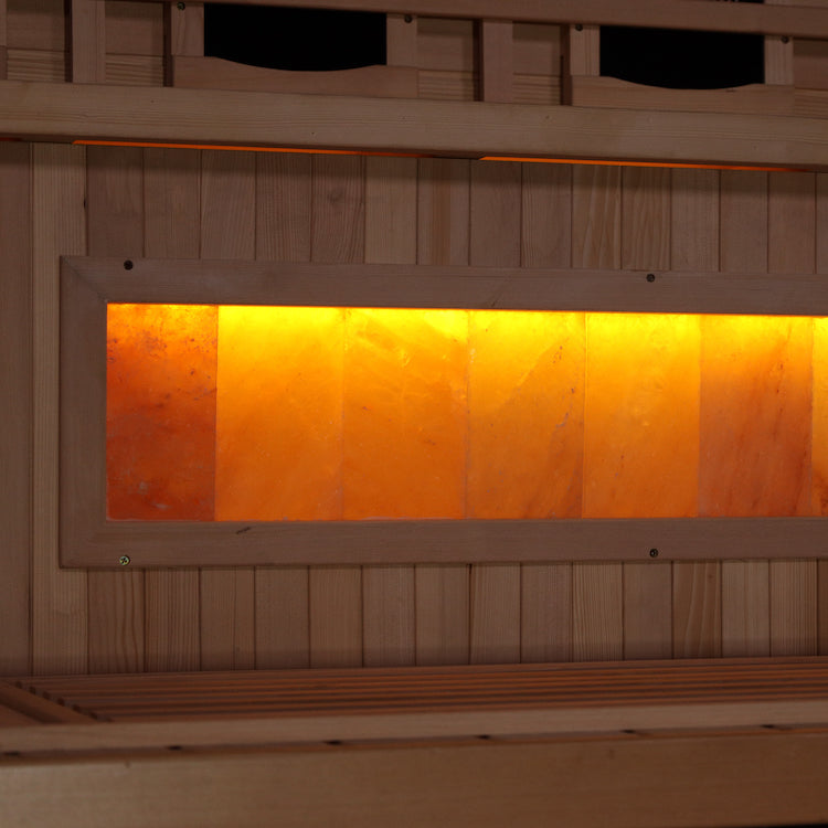 Golden Designs 2-Person Full Spectrum PureTech™ Near Zero EMF FAR Infrared Sauna with Himalayan Salt Bar (Canadian Hemlock) GDI-8020-02 Our PureTech™ Near Zero EMF infrared Carbon Energy Efficient heating panel heaters are 30% larger than saunas heated by ceramic tubes and penetrate skin 40% more to maximize therapeutic benefits.