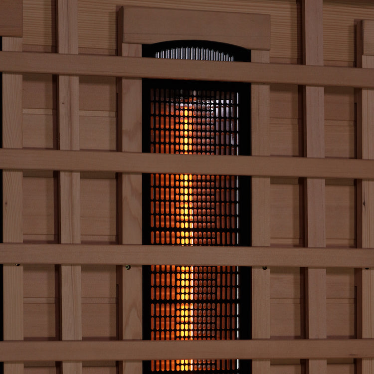 Golden Designs 2-Person Full Spectrum PureTech™ Near Zero EMF FAR Infrared Sauna with Himalayan Salt Bar (Canadian Hemlock) GDI-8020-02 Our PureTech™ Near Zero EMF infrared Carbon Energy Efficient heating panel heaters are 30% larger than saunas heated by ceramic tubes and penetrate skin 40% more to maximize therapeutic benefits.