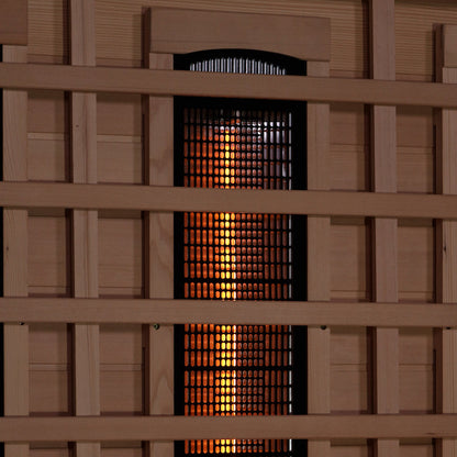 Golden Designs 2-Person Full Spectrum PureTech™ Near Zero EMF FAR Infrared Sauna with Himalayan Salt Bar (Canadian Hemlock) GDI-8020-02 Our PureTech™ Near Zero EMF infrared Carbon Energy Efficient heating panel heaters are 30% larger than saunas heated by ceramic tubes and penetrate skin 40% more to maximize therapeutic benefits.