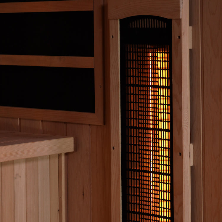 Golden Designs 2-Person Full Spectrum PureTech™ Near Zero EMF FAR Infrared Sauna with Himalayan Salt Bar (Canadian Hemlock) GDI-8020-02 Our PureTech™ Near Zero EMF infrared Carbon Energy Efficient heating panel heaters are 30% larger than saunas heated by ceramic tubes and penetrate skin 40% more to maximize therapeutic benefits.