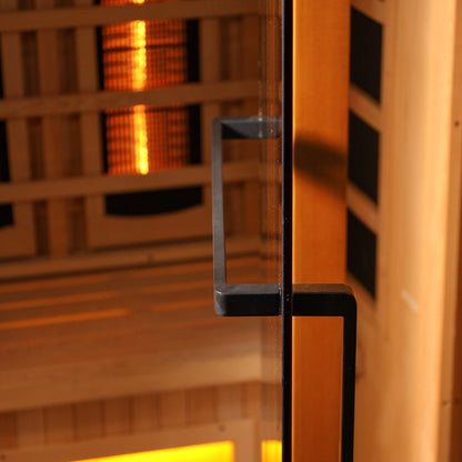 Golden Designs 2-Person Full Spectrum PureTech™ Near Zero EMF FAR Infrared Sauna with Himalayan Salt Bar (Canadian Hemlock) GDI-8020-02 Our PureTech™ Near Zero EMF infrared Carbon Energy Efficient heating panel heaters are 30% larger than saunas heated by ceramic tubes and penetrate skin 40% more to maximize therapeutic benefits.