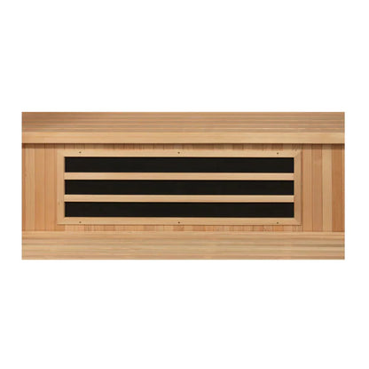 Dynamic Barcelona 1-2-person Low EMF (Under 8MG) FAR Infrared Sauna (Canadian Hemlock) DYN-6106-01 by Golden Designs Crafted from natural hemlock wood, this sauna features 6 carbon heating elements for even heat distribution. Enjoy user-friendly controls, chromotherapy lighting, music system, and privacy with the tempered glass door. Easy assembly and durable construction ensure a hassle-free experience. 