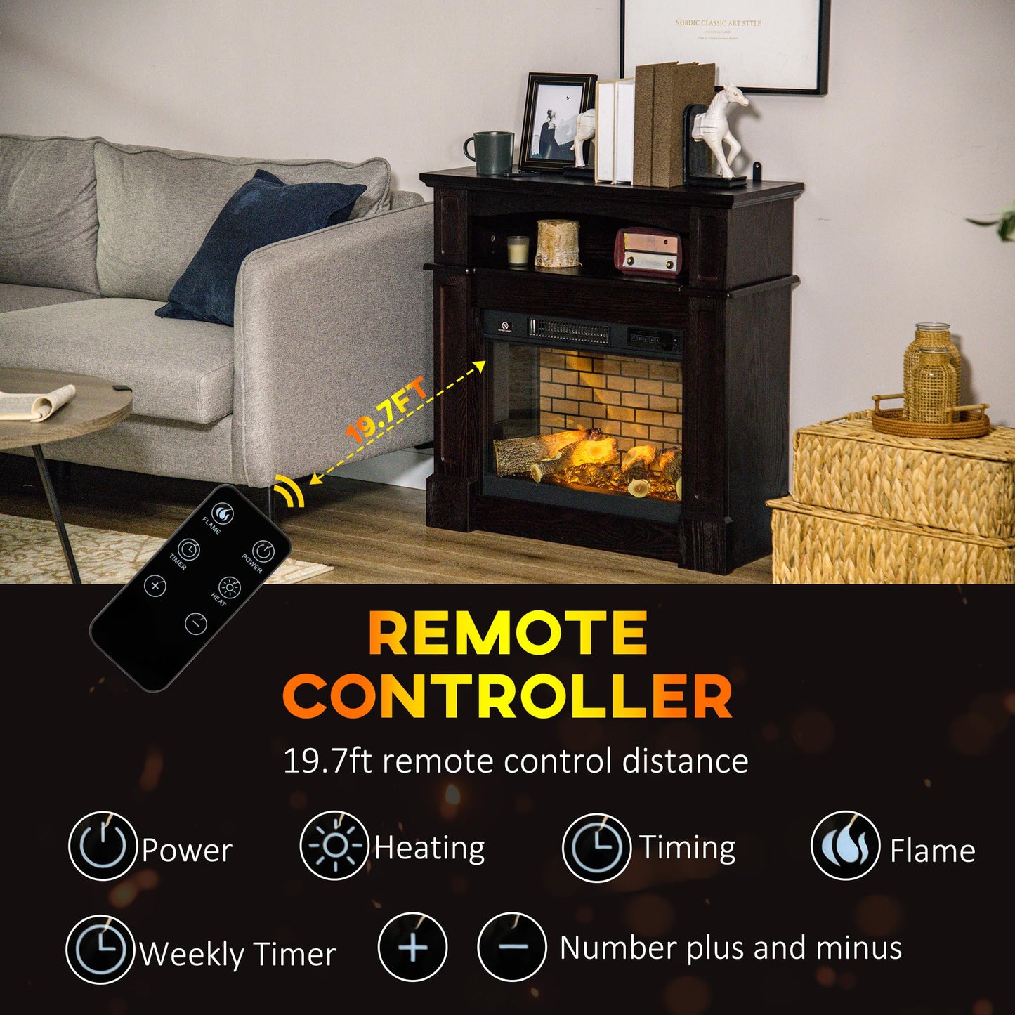 HomCom 32" Electric Fireplace with Mantel, Freestanding Heater with LED Log Flame - B09GVD4MV4