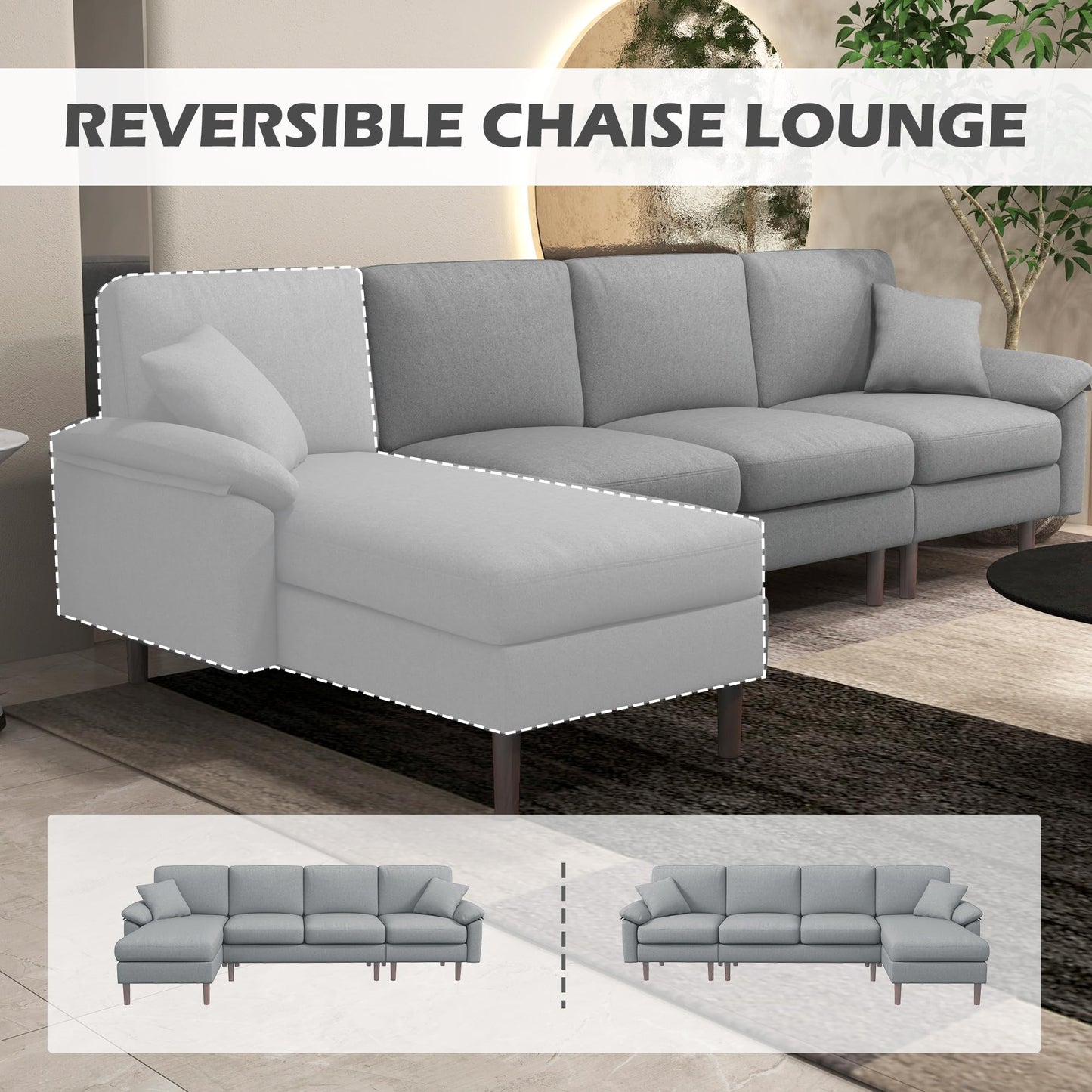 HomCom Fabric Sectional Couch with Reversible Sleeper Sofa, Modern L Shaped Sectional Sofa with Pillows, Wooden Legs for Living Room, Apartment and Office, Gray - B0CVX1N2B8