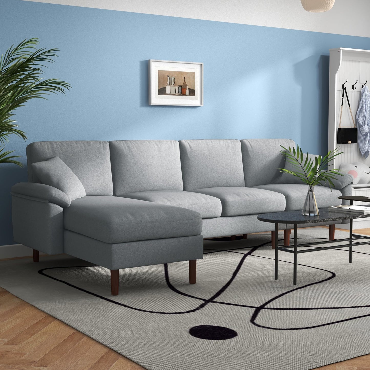 HomCom Fabric Sectional Couch with Reversible Sleeper Sofa, Modern L Shaped Sectional Sofa with Pillows, Wooden Legs for Living Room, Apartment and Office, Gray - B0CVX1N2B8