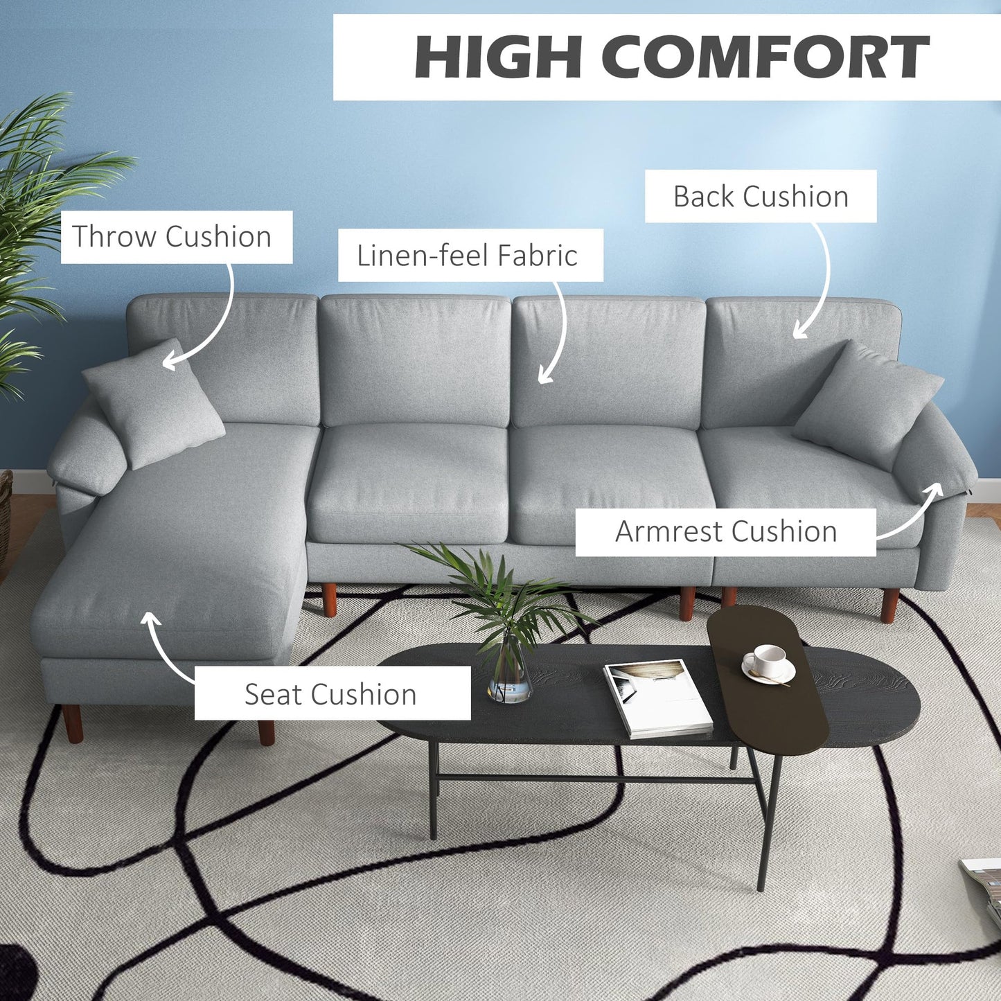 HomCom Fabric Sectional Couch with Reversible Sleeper Sofa, Modern L Shaped Sectional Sofa with Pillows, Wooden Legs for Living Room, Apartment and Office, Gray - B0CVX1N2B8