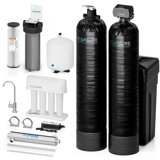 Aquasure Signature Elite | 5-in-1 Whole House Water Treatment Bundle with 72,000 Grains Fine Mesh Resin Softener and 18 GPM UV Sterilizer - AS-SE2000FMU