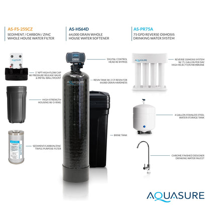 Aquasure Signature Pro | Whole House Water Filter Bundle with 72,000 Grains Softener, 75 GPD Reverse Osmosis System & Triple Purpose Pre-Filter - AS-WHF72D