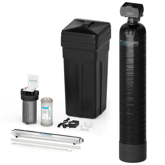 Aquasure Signature Series | 32,000 Grains Water Softener with 8 GPM Quantum UV De-Activator System and Triple Purpose Carbon Pre-Filter -AS-WSUV32D