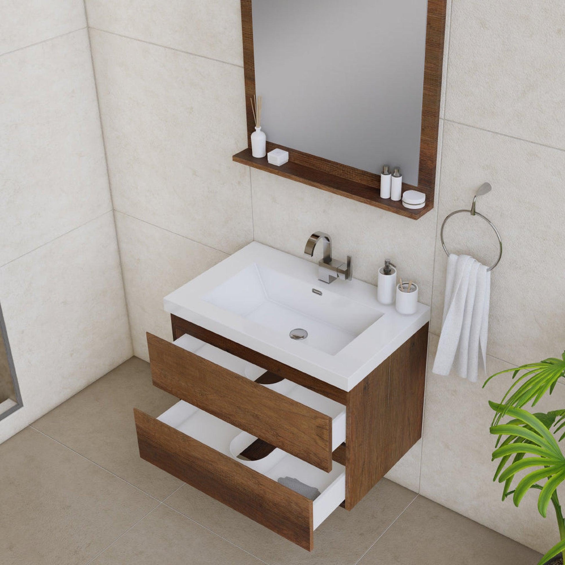 Alya Bath Paterno 30" Single Rosewood Modern Wall Mounted  Bathroom Vanity With Acrylic Top and Integrated Sink - AB-MOF30-RW - Backyard Provider
