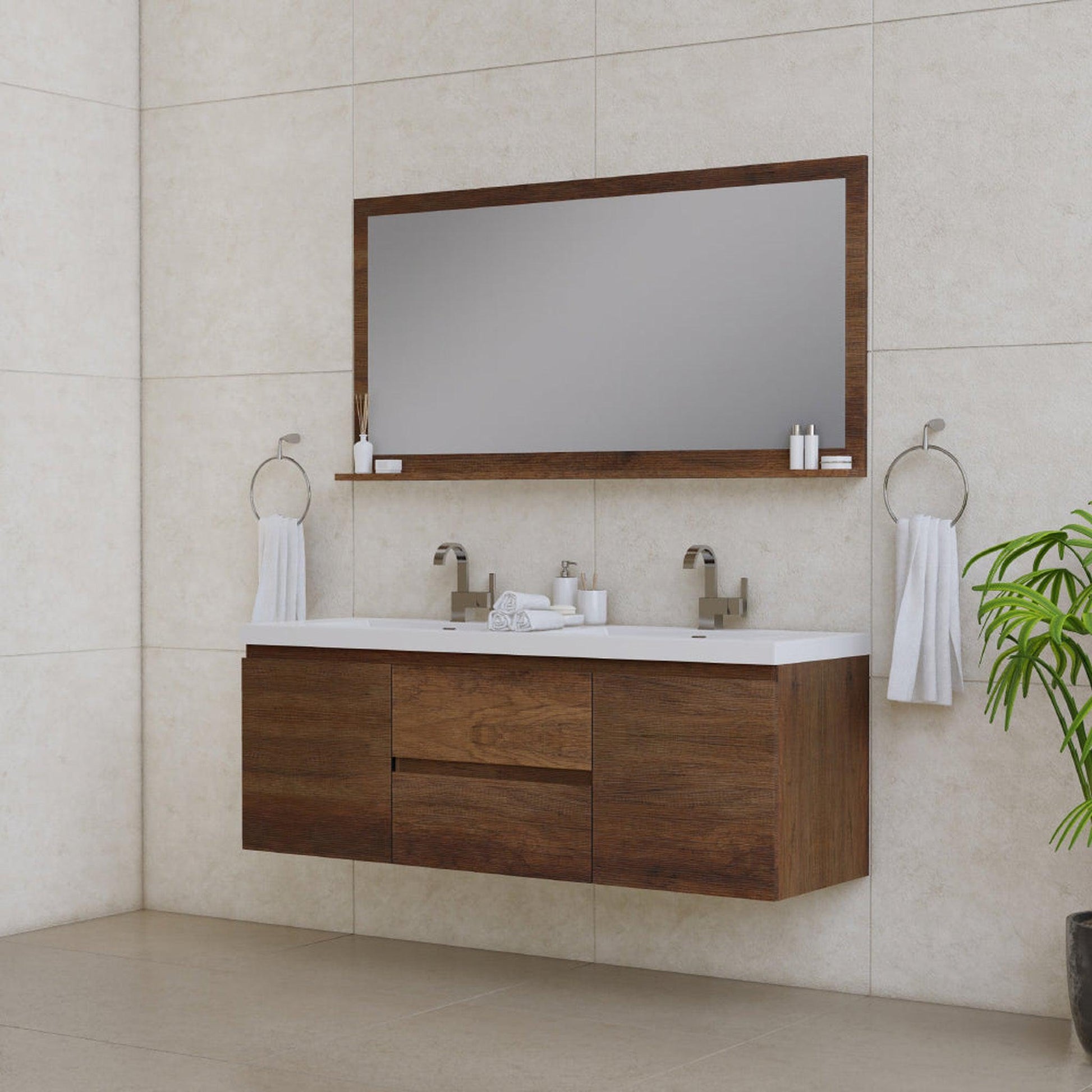 Alya Bath Paterno 60" Double Rosewood Modern Wall Mounted  Bathroom Vanity With Acrylic Top and Integrated Sink - AB-MOF60D-RW - Backyard Provider