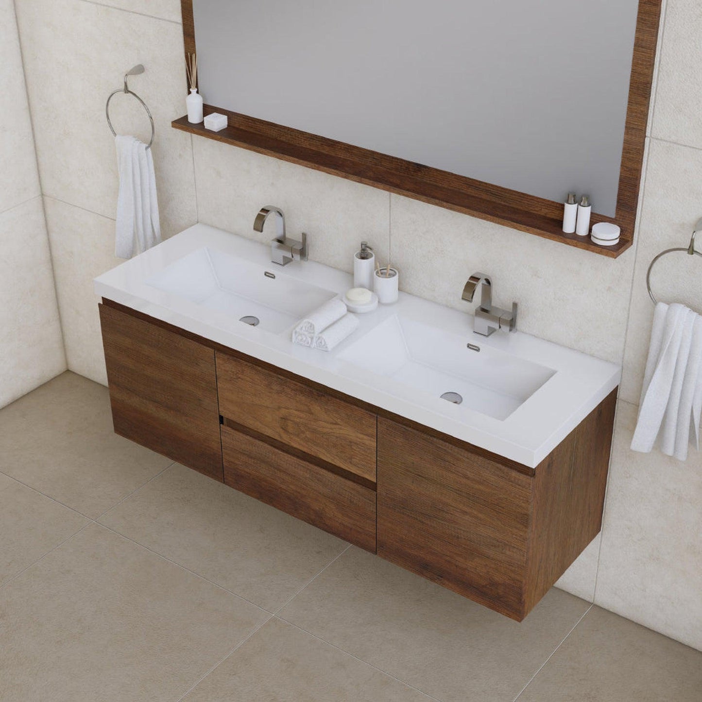 Alya Bath Paterno 60" Double Rosewood Modern Wall Mounted  Bathroom Vanity With Acrylic Top and Integrated Sink - AB-MOF60D-RW - Backyard Provider