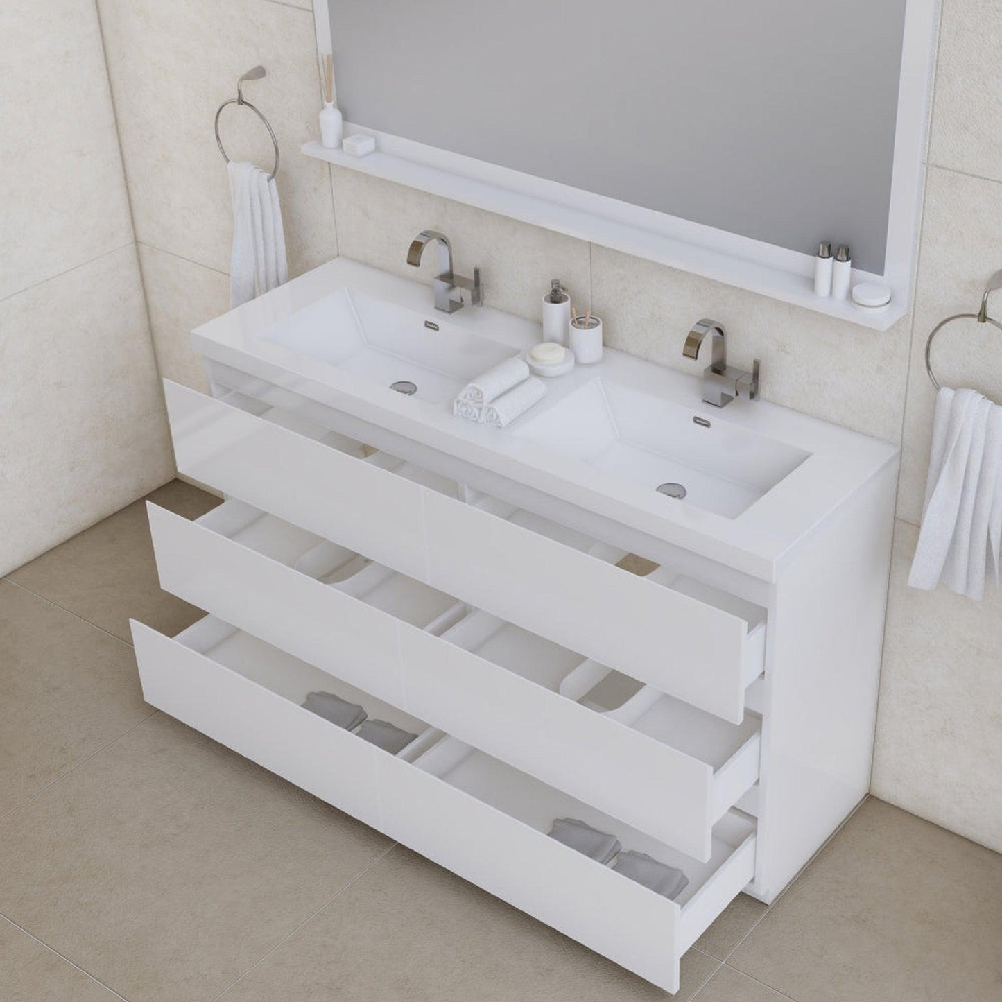 Alya Bath Paterno 60" Double White Modern Freestanding  Bathroom Vanity With Acrylic Top and Integrated Sink - AB-MOA60D-W - Backyard Provider