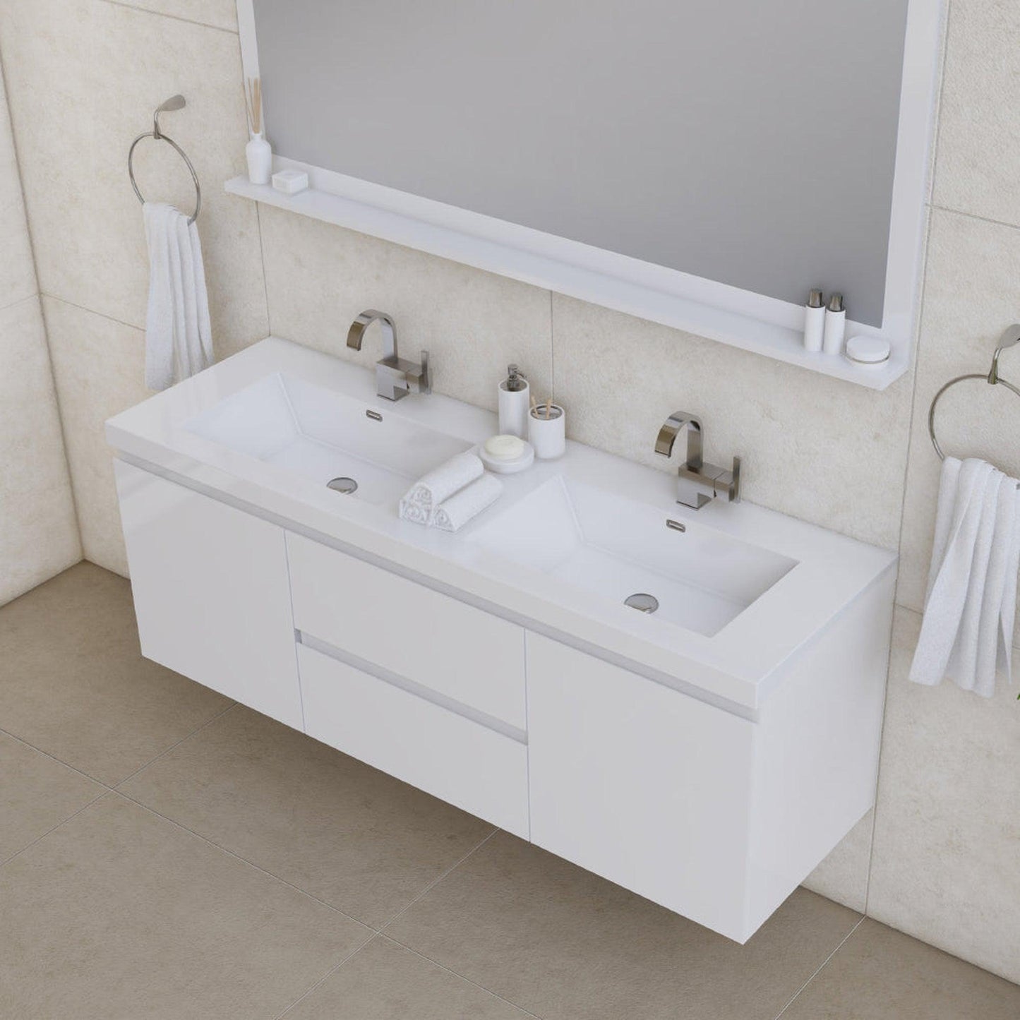 Alya Bath Paterno 60" Double White Modern Wall Mounted  Bathroom Vanity With Acrylic Top and Integrated Sink - AB-MOF60D-W - Backyard Provider
