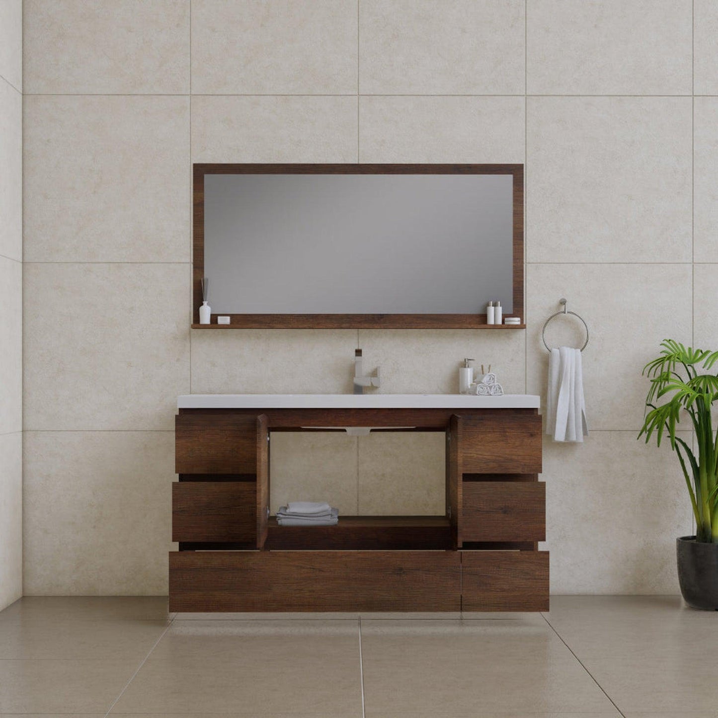 Alya Bath Paterno 60" Single Rosewood Modern Freestanding  Bathroom Vanity With Acrylic Top and Integrated Sink - AB-MOA60S-RW - Backyard Provider