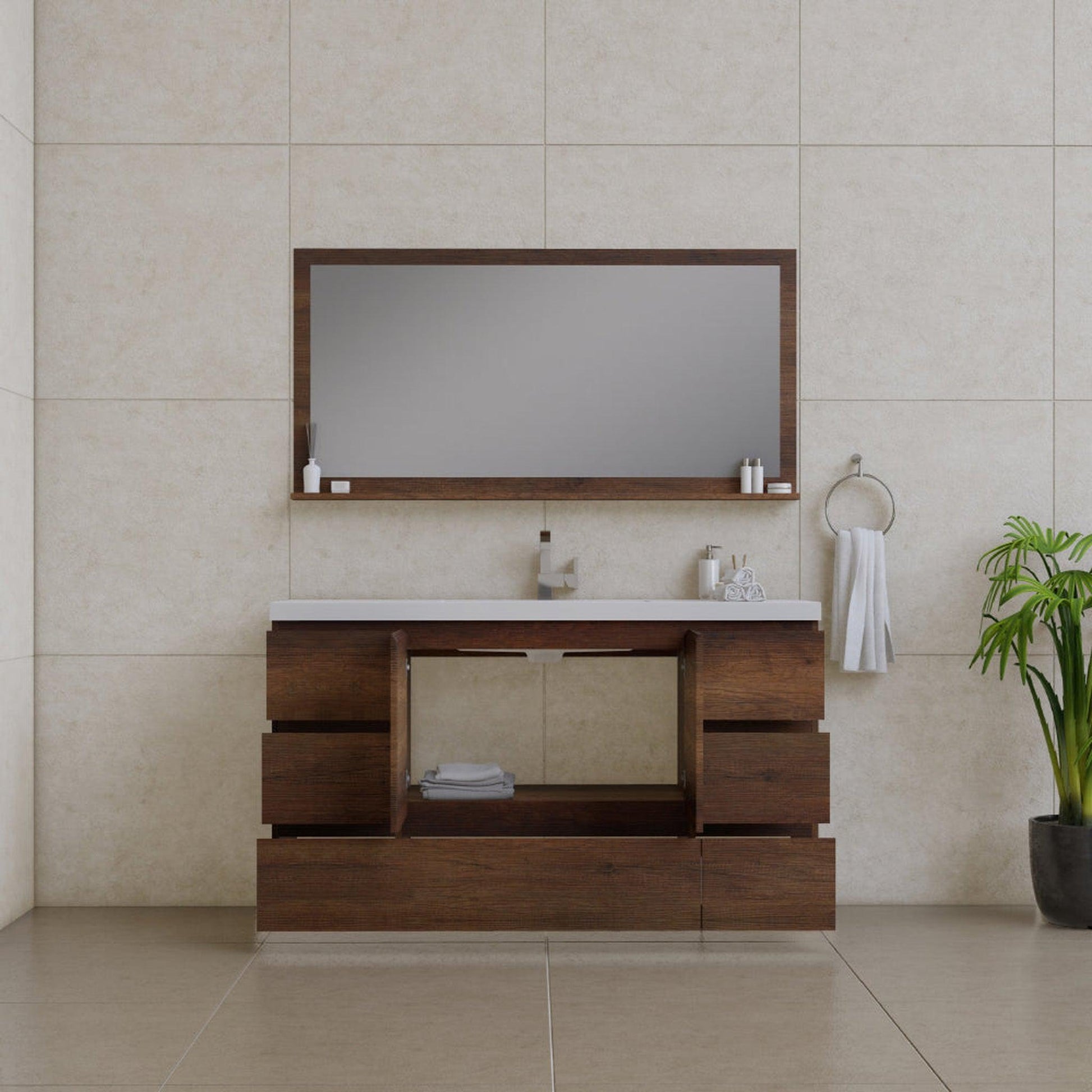 Alya Bath Paterno 60" Single Rosewood Modern Freestanding  Bathroom Vanity With Acrylic Top and Integrated Sink - AB-MOA60S-RW - Backyard Provider