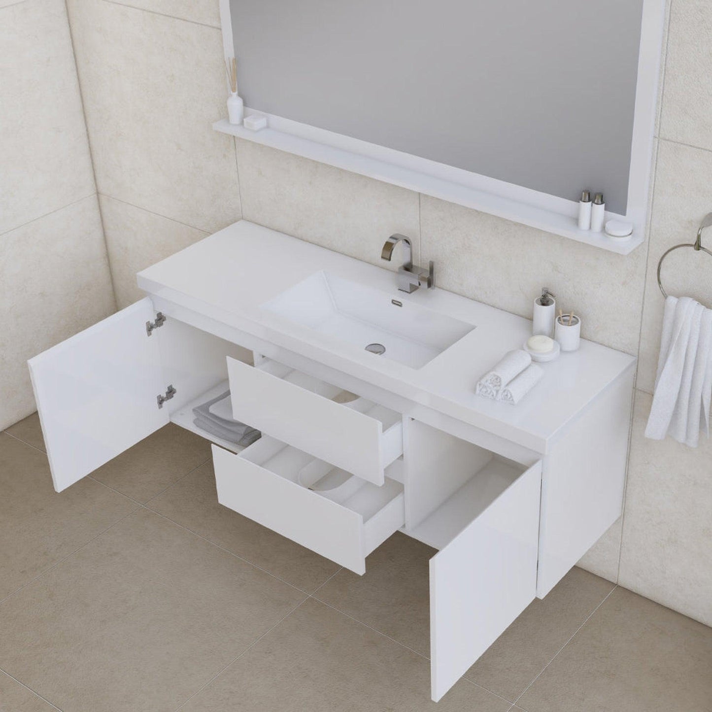 Alya Bath Paterno 60" Single White Modern Wall Mounted  Bathroom Vanity With Acrylic Top and Integrated Sink - AB-MOF60S-W - Backyard Provider