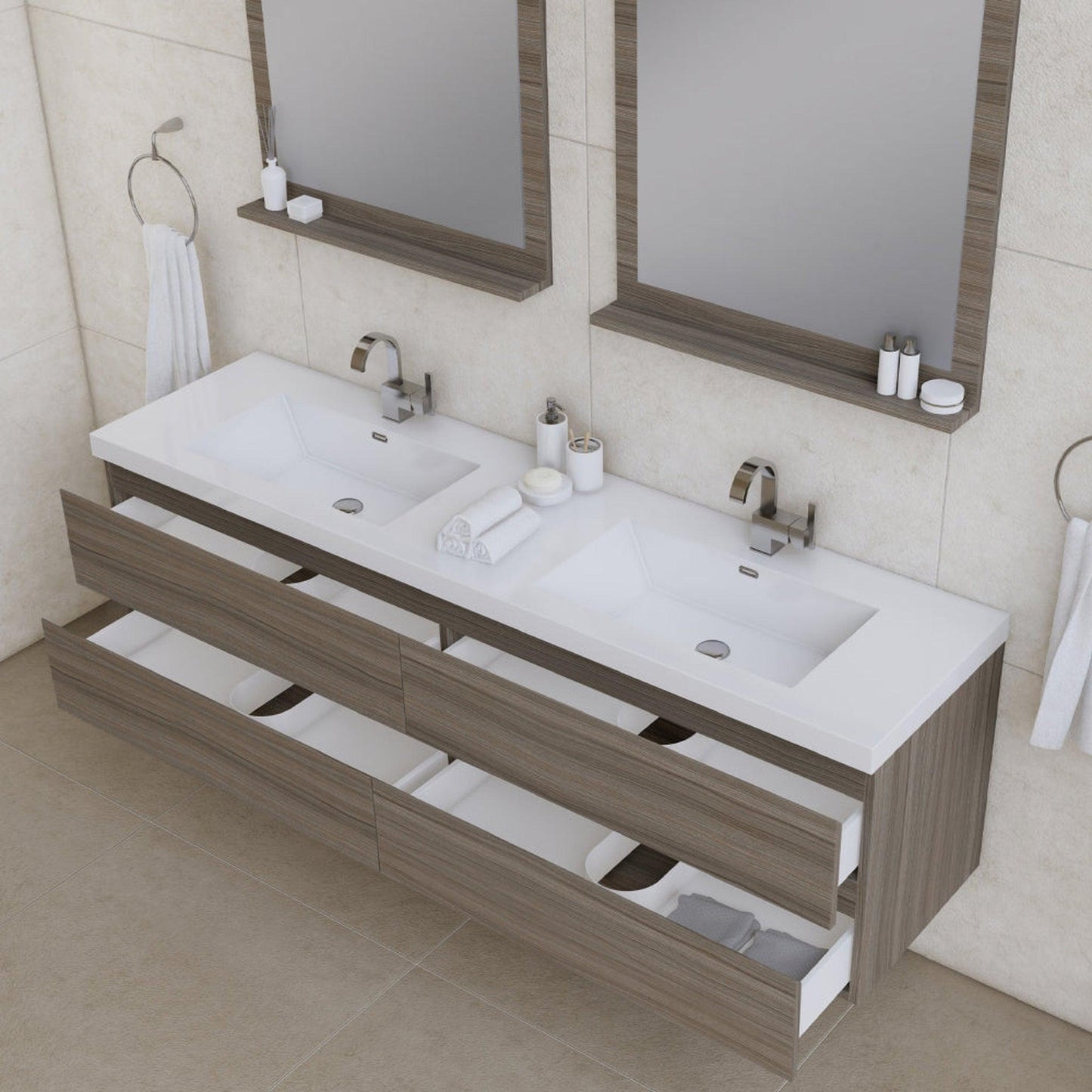 Alya Bath Paterno 72" Double Gray Modern Wall Mounted  Bathroom Vanity With Acrylic Top and Integrated Sink - AB-MOF72D-G - Backyard Provider