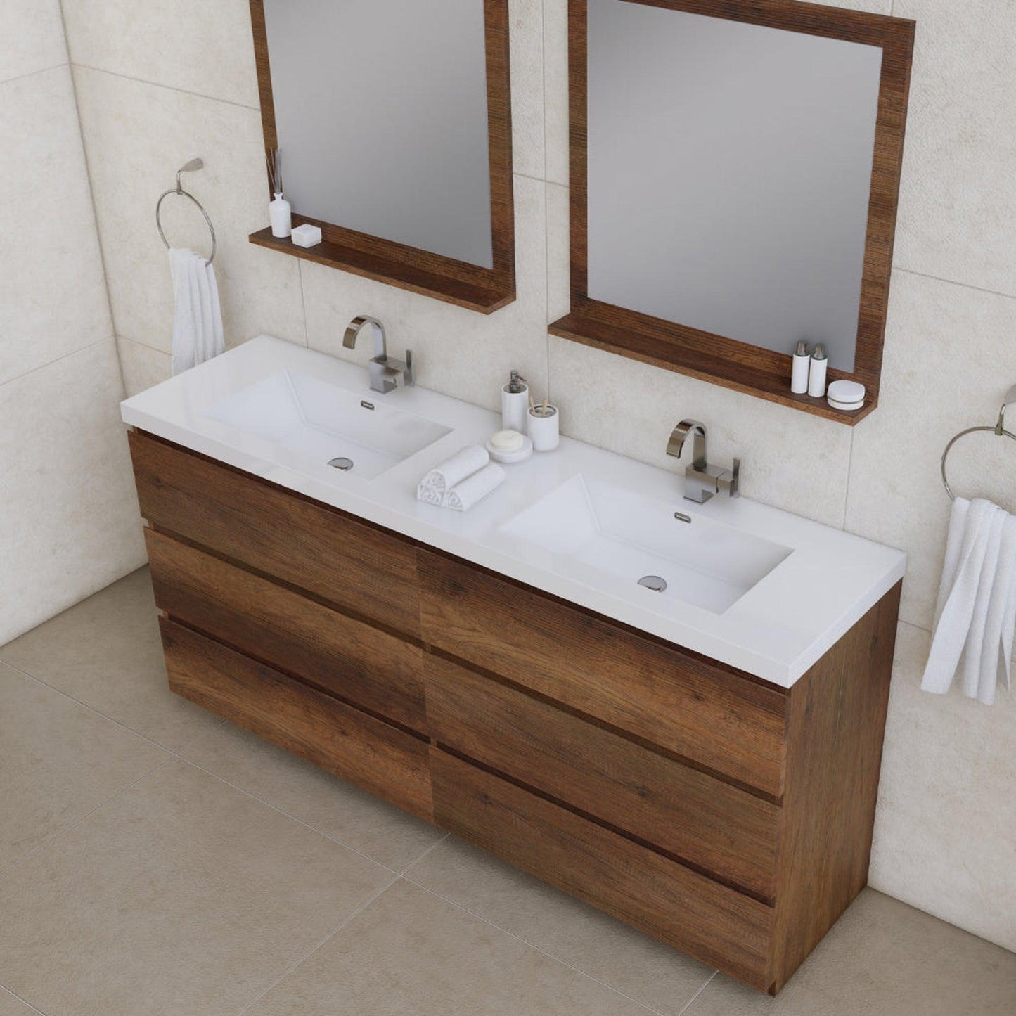 Alya Bath Paterno 72" Double Rosewood Modern Freestanding  Bathroom Vanity With Acrylic Top and Integrated Sink - AB-MOA72D-RW - Backyard Provider