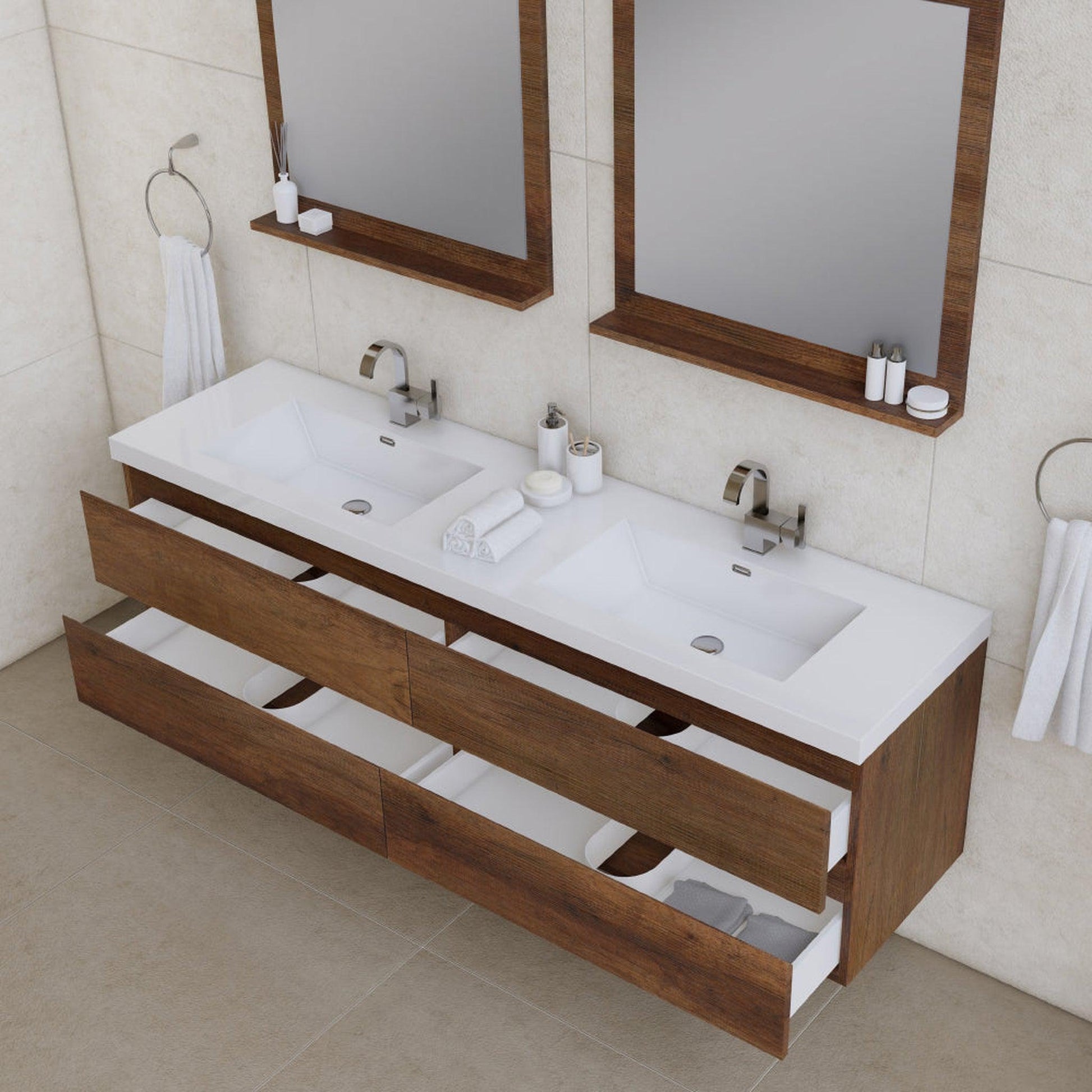 Alya Bath Paterno 72" Double Rosewood Modern Wall Mounted  Bathroom Vanity With Acrylic Top and Integrated Sink - AB-MOF72D-RW - Backyard Provider